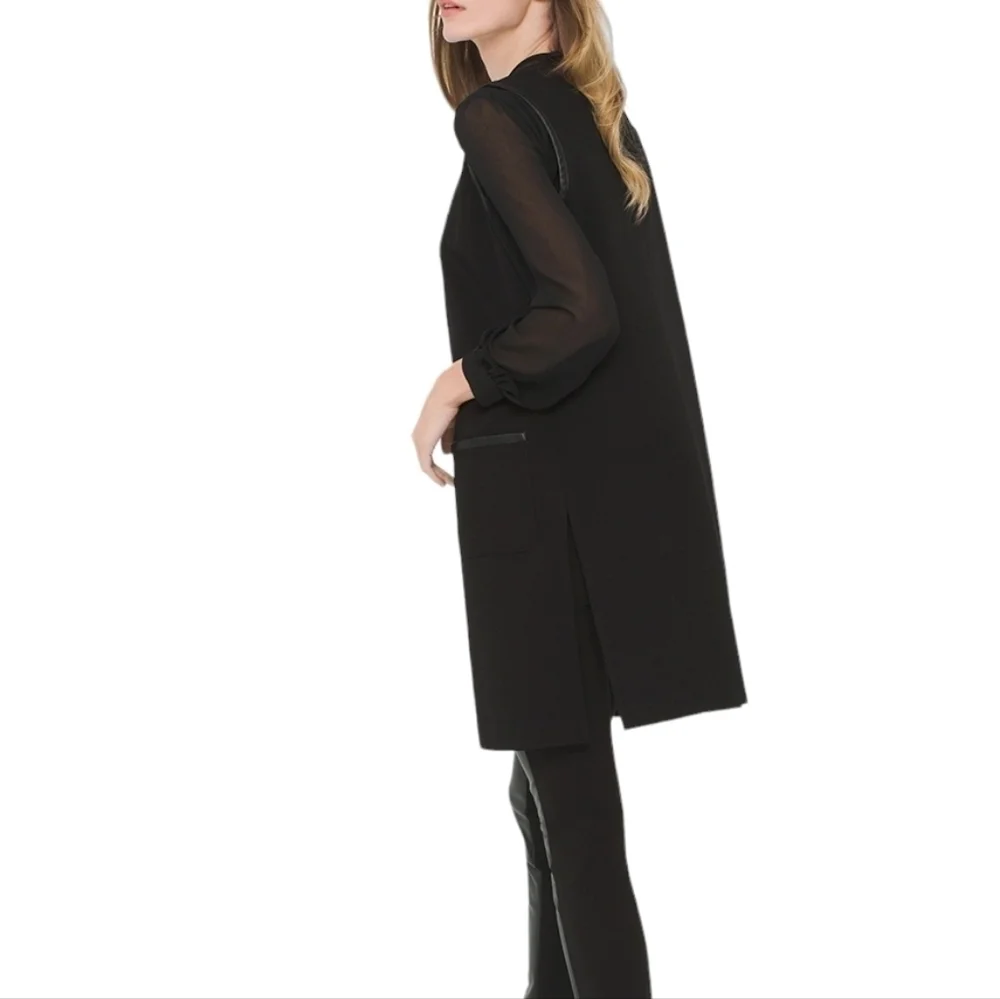 White House Black Market Black Long Vest Faux Leather Accents - Picture 2 of 11